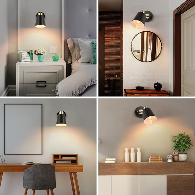 VATONI Wall Sconce Plug in, Dimmable Wall Sconces Adjustable Wall Lights with Plug in Cord and Dimmer On/Off Rotary Switch, Wall Mounted Light for Bedside Bedroom LivingRoom(2 Bulbs Included)