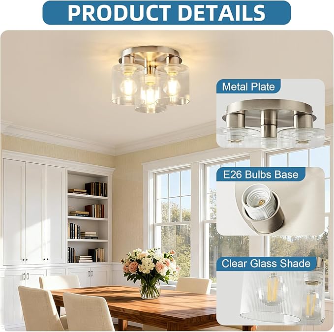 OKELI 3-Lights Semi Flush Mount Ceiling Light Fixture, Brushed Nickel Modern Close to Ceiling Light for Kitchen, Foyer, Entryway, Hallway, Dining Room, Clear Glass Shade