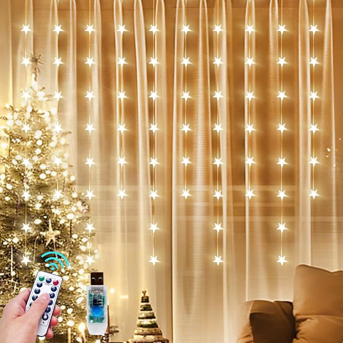 Star Curtain Lights Hanging Star Light for Window 140 Stars String Lights for Wall Décor USB Plug in 8 Modes Twinkle Fairy Lights for Christmas, Bedroom, Indoor, Outdoor, Weddings, Party (Warm White)