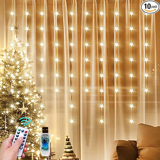 Star Curtain Lights Hanging Star Light for Window 70 Stars String Lights for Wall Décor USB Plug in 8 Modes Twinkle Fairy Lights for Christmas, Bedroom, Indoor, Outdoor, Weddings, Party (Warm White)