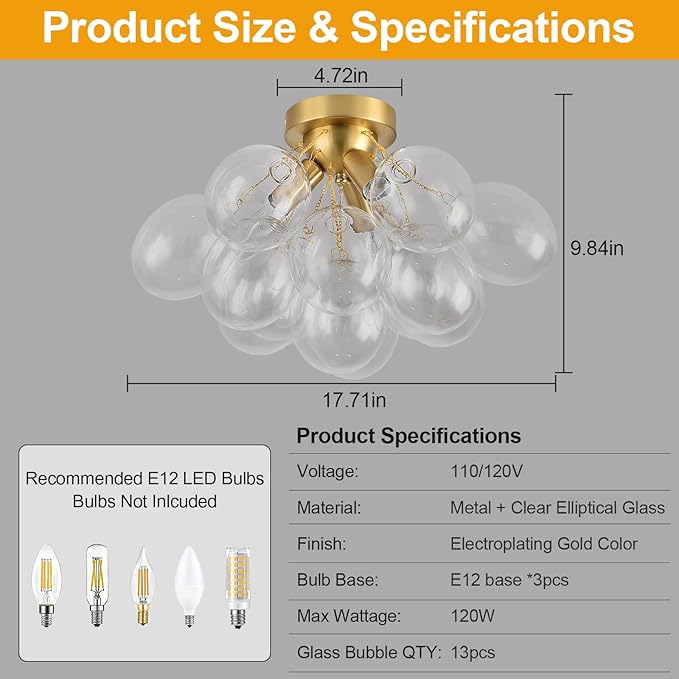 Bubble Chandelier Bubble Ceiling Light 17.7in Semi Flush Mount Chandelier Blown Glass Mid Century Close to Ceiling Light Fixture for Bedroom Hallway Entryway Kitchen Foryer Dining Room