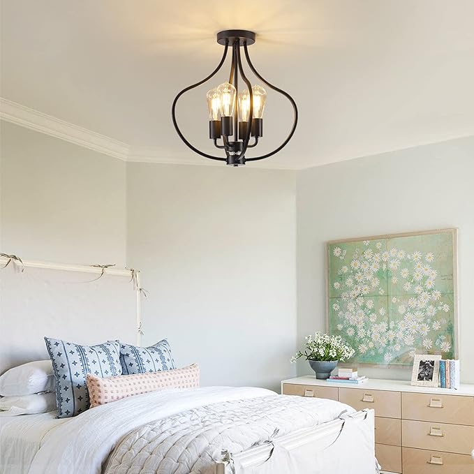 4-Light Farmhouse Semi Flush Mount Ceiling Light,Modern Rustic Metal Industrial Ceiling Light Fixture,Black Chandelier for Kitchen Island Dining Room Bedroom Living Room Foyer Hallway Entryway