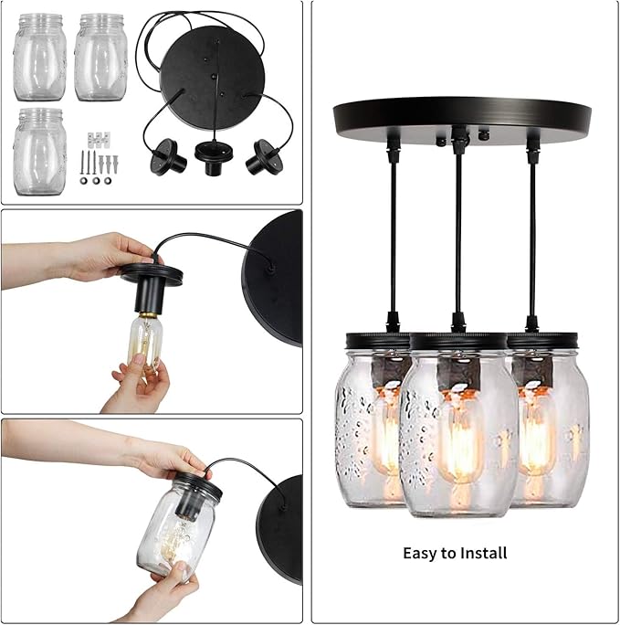 Mason Jar Light Fixtures, 3-Light Black Pendant Lights Kitchen Island, Farmhouse Kitchen Pendant Lights, Adjustable Island Pendant Lights for Kitchen Over Sink Dining Room