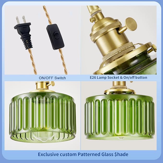 Plug in Pendant Light, Hanging Lights with Plug in Cord, Hanging Light Fixture with Clear Glass, E26 Pendant Lighting for Kitchen Island, Bedroom, Dining Room, Living Room-Green