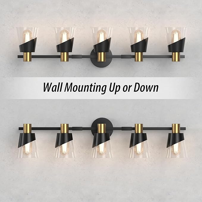 URSOLA Bathroom Light Fixtures, 5 Lights 36inch Black and Gold Vanity Light, Bathroom Lighting Fixtures Over Mirror, Wall Light with Clear Glass Shade, E26 Base (Bulbs Not Included)
