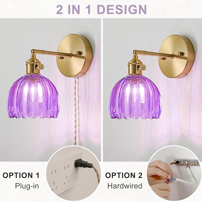 Plug in Wall Sconces Set of 2, Vintage Wall Sconce Light with Tulip Purple Glass Lampshade, Bedroom Wall Sconce with Switch and Plug in wall lamp Cord, Gold Wall Light Wall Decor Set of 2