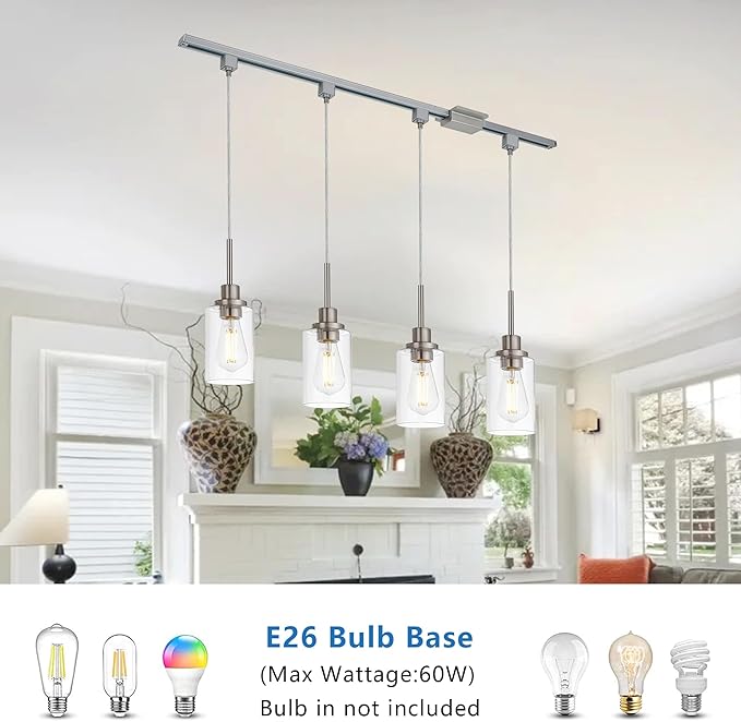 MELUCEE 4 Packs H Track Pendant Lighting Brushed Nickel Ceiling Hanging Lamp Track Lighting Fixtures Pendant with Clear Glass Shades, Compatible with H Type Track Lighting Rail, E26 Socket