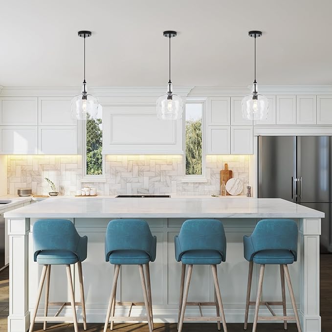 10” Large Stone-Hammered Glass Pendant Light Modern Matte Black 1 Light Single Dome Pendant Lighting Fixtures for Kitchen Island Dining Room Hallway, UL Listed