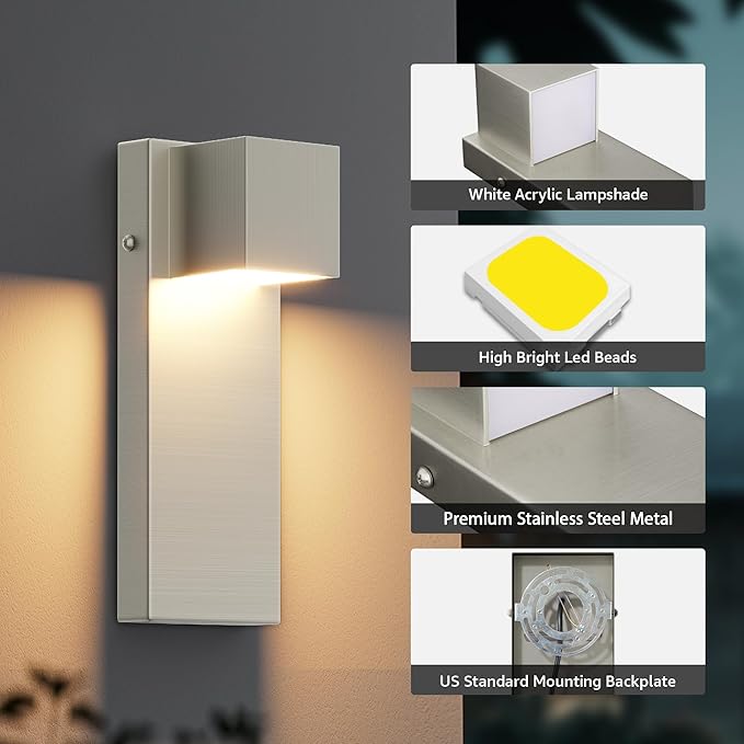 2 Pack 13" Modern Outdoor Led Wall Light,16W 3000K 1200Lumen Porch & Patio Hardwired Wall Mount Wall Sconces,Exterior IP65 Waterproof Aluminum Wall Lamp for Front Door Garage Garden(Nickel)