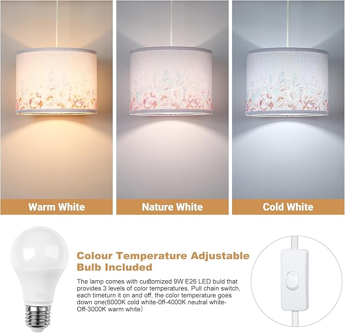 Qingmiao Boho Plug in Pendant Light, Hanging Lamp Plug in with Fabric Shade, 3-Way Dimmable Hanging Light Fixture for Living Room Bedroom Kitchen Ceiling Farmhouse Home Decor