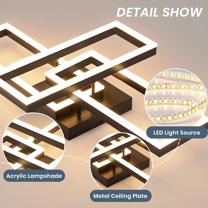 EIDISUNY Modern Led Ceiling Light Fixtures, Black Flush Mount 3-Square Ceiling Light with Remote Control&APP, Dimmable, 40W Acrylic for Bedroom, Kitchen, Dining Room