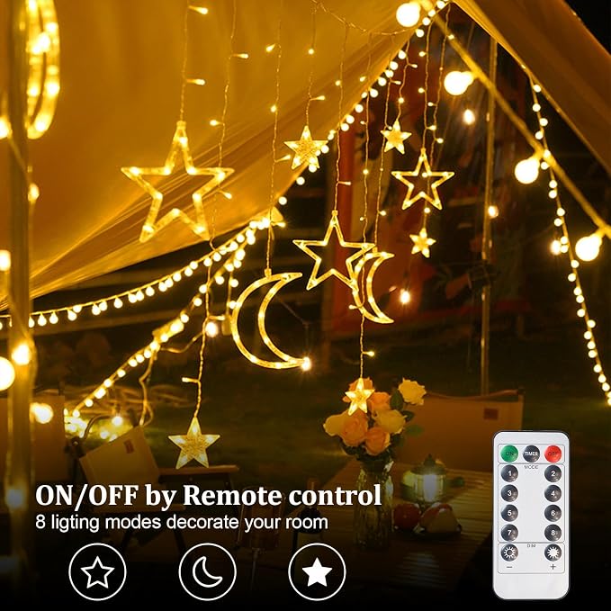 Star Moon Curtain Lights 11.5ft Remote Control LED Fairy Light Strings, 8 Flashing Modes Waterproof Decorative Lights for Garden, Christmas, Wedding, Party, Bedroom Decorations(Warm White)