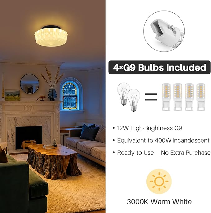 Schoolhouse Cream White Milk Glass Ceiling Light Fixture, 13.8" Vintage Scalloped Semi Flush Mount Lighting, Mid Century Ceiling Light for Bedroom Kitchen Hallway Entryway Living Room