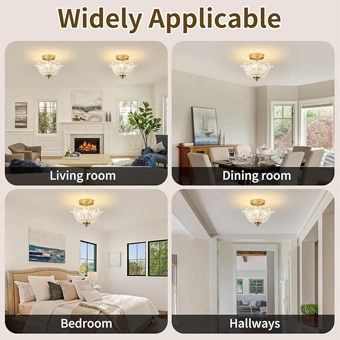 Semi Flush Mount Ceiling Light, Gold Vintage Light fixtures with Floral Clear Glass Shade, Modern Close-to-Ceiling Lighting for Bedroom Kitchen Living Room Hallway