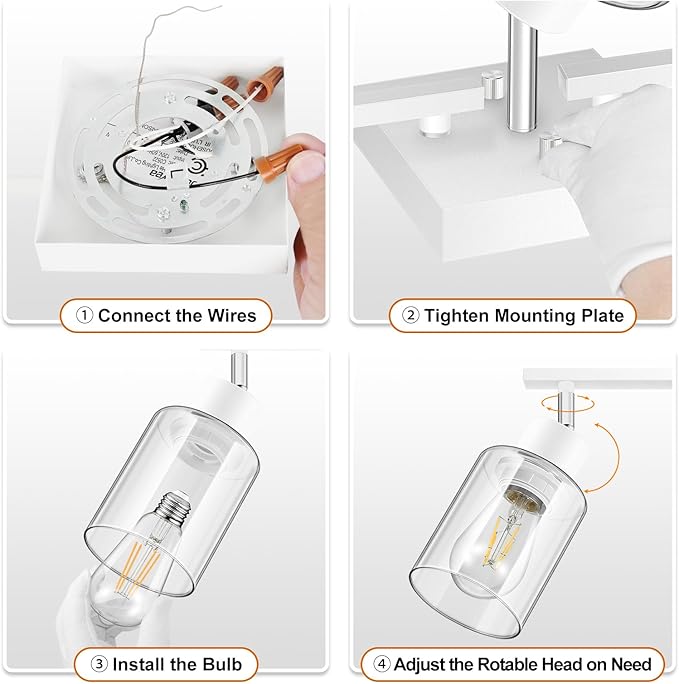 Track Lighting Kit, Track Lighting Fixtures Ceiling Kitchen, 23" White 3-Light Ceiling Spotlight with Clear Glass Shade, Rotatable Track Head, White Wall Lamp for Island, Vanity(E26 Base, No Bulb)