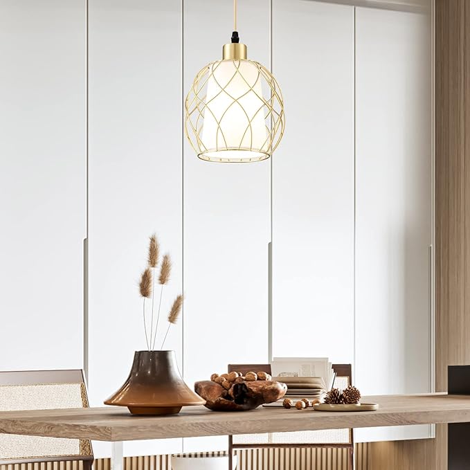Cinkeda Plug-in Pendant Light, Hanging Lamp with Linen Shade, 15ft Golden Cotton Cord, Plug-in Light Fixture for Bedroom (Bulb Included)