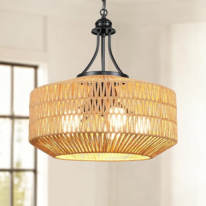 5-Light Rattan Pendant Light, 18.8" Large Boho Chandeliers for Living Room, Dining Room, Hand Woven Wicker Fixture with Adjustable Cord, Coastal Farmhouse Hanging Lamp for Kitchen Island