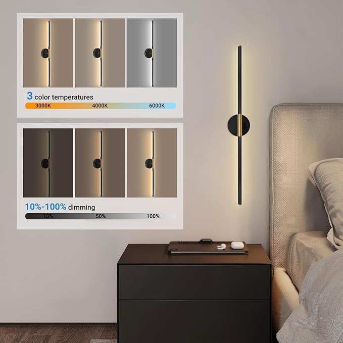 TaoFiaCo Battery Operated Wall Sconces, 360°Rotate Wireless Rechargeable Wall Sconces with Remote Control, Black Gold, Dimmable, Timing Decor Lights for Bedroom Hallway, 31.5 Inch 1 Pack