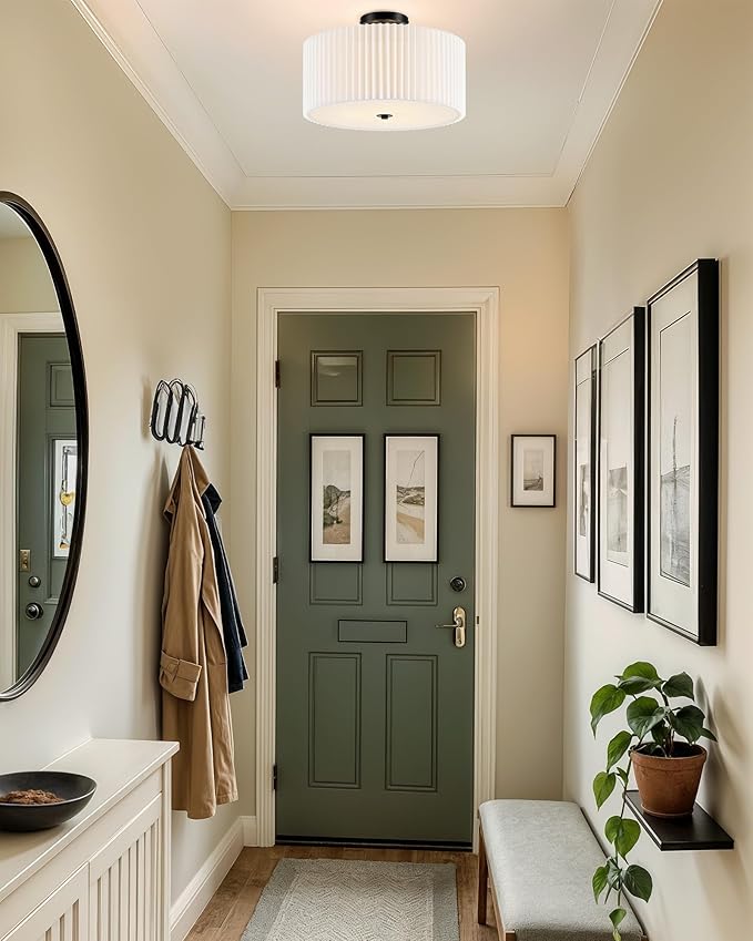 VONLUCE Semi-Flush Mount Ceiling Light, 15.7" Modern 3-Light Ceiling Light Fixture with White Pleated Drum Shade 3 E26 Sockets for Bedroom Entryway Living Room, Black Finish, ETL Certificated