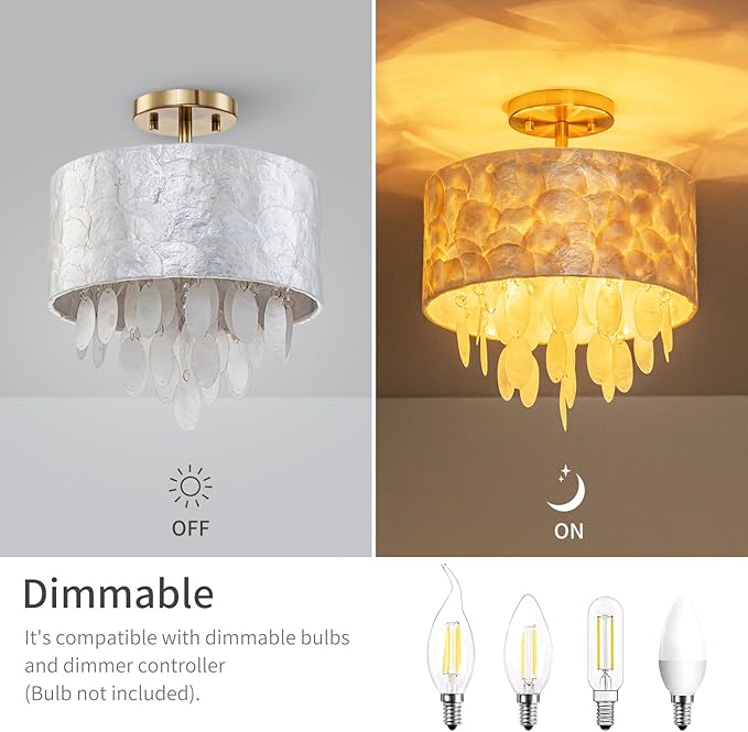 D7 inch Capiz Shell Crystal Drum Ceiling Light, 3-Light Coastal Design Flushmount Light Fixture for Dining Room, Hallway, Bedroom, D12xH15 in, Shell Pendants & Lampshade & Gold Finish