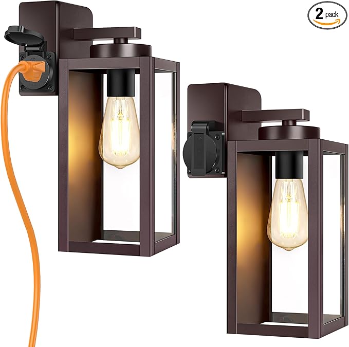 BesLowe 2-Pack Porch Lights with UL Certified Outlet, Modern Outdoor Wall Lights Exterior Lighting Fixtures Waterproof, Exterior Wall Sconces Outside Lights for House Front Door Garage, Brown