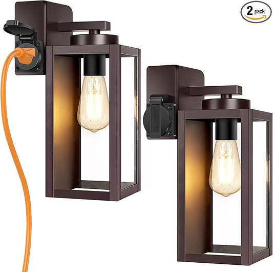 BesLowe 2-Pack Porch Lights with UL Certified Outlet, Modern Outdoor Wall Lights Exterior Lighting Fixtures Waterproof, Exterior Wall Sconces Outside Lights for House Front Door Garage, Brown