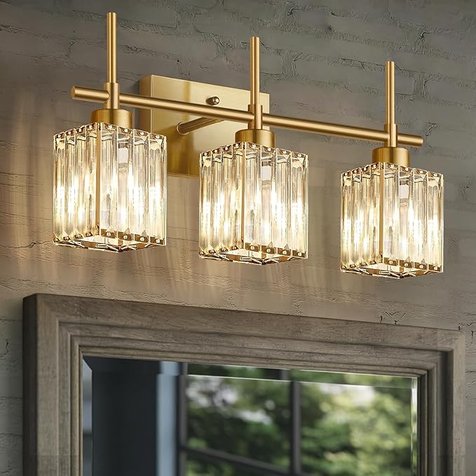 Torondo Modern Crystal Bathroom Vanity Light 3-Light Brushed Gold Bathroom Light Fixtures Over Mirror Brushed Gold Vanity Lighting Fixtures Square Shade Brass Wall Sconce (Bulbs Not Include)