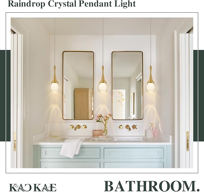 LED Pendant Light Kitchen Island Raindrop Crystal Pendant Lights Dimmable Gold Modern Hanging Light for Bedroom Bathroom Living Room 3000K Warm White, 3 Pack