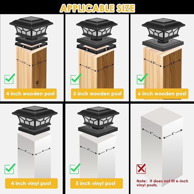 2 Pack Solar Post Cap Lights Outdoor Flickering Flame & Warm White, Fits 4x4 5x5 6x6 Wooden or Vinyl Posts, Waterproof Solar Fence Deck Lights for Yard Garden Patio Decoration.