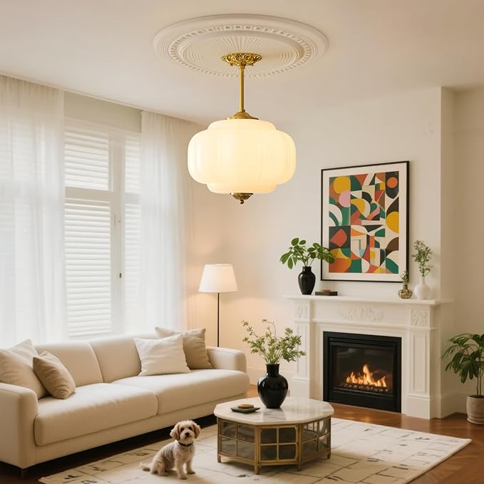 15In Milk Glass Pendant Light Adjustable Height Semi Flush Mount Pendant Light Fixture Mid Century Vintage Ceiling Light for Kitchen Dining Room Bedroom Hallway and Schoolhouse(White)