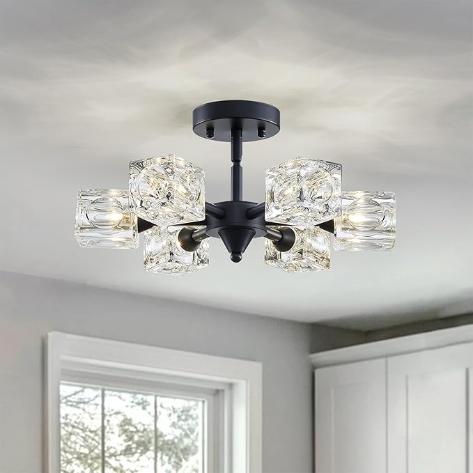 XINGQI Modern Sputnik Chandelier 6-Lights Black Ceiling Light Fixture Small Farmhouse Semi Flush Mount Ceiling Light Glass Industrial Lighting for Hallway Dining Room Living Room Kitchen Bedroom