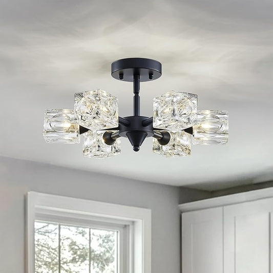 XINGQI Modern Sputnik Chandelier 6-Lights Black Ceiling Light Fixture Small Farmhouse Semi Flush Mount Ceiling Light Glass Industrial Lighting for Hallway Dining Room Living Room Kitchen Bedroom