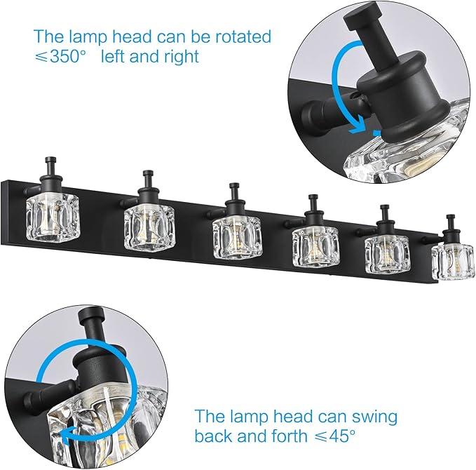 PRESDE Modern Crystal Black 6 Light Vanity Light Fixtures for Bathroom Over Mirror Bathroom Wall Light Fixtures