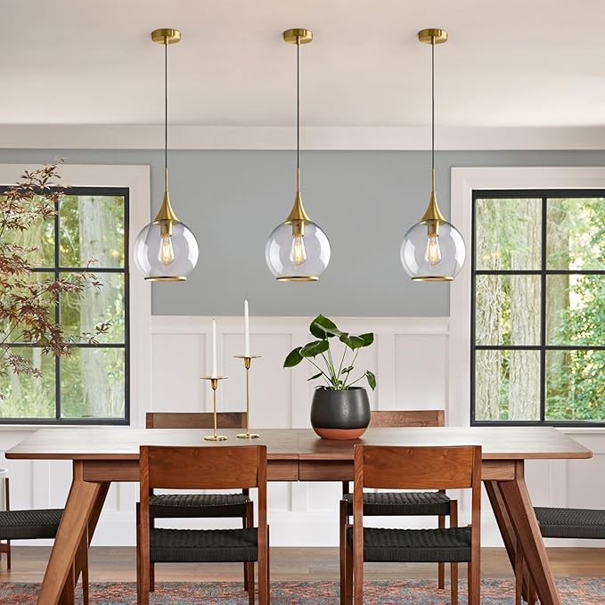 Pendant Lights Kitchen Island: Brushed Gold Light Fixture Farmhouse with Clear Glass - 10 Inch Mid Century Globe Kitchen Lighting Fixtures Ceiling for Dining Room