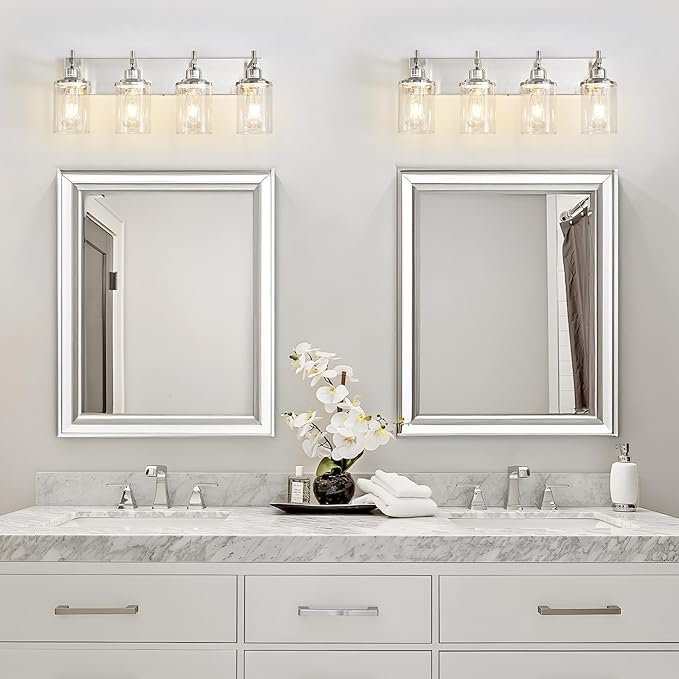 Lanhall 4-Light Brushed Nickel Bathroom Light Fixture Over Mirror Modern Bathroom Vanity Light Vintage Wall Lighting with Clear Glass Shade for Bathroom, Bedroom, Hallway, Cabinet