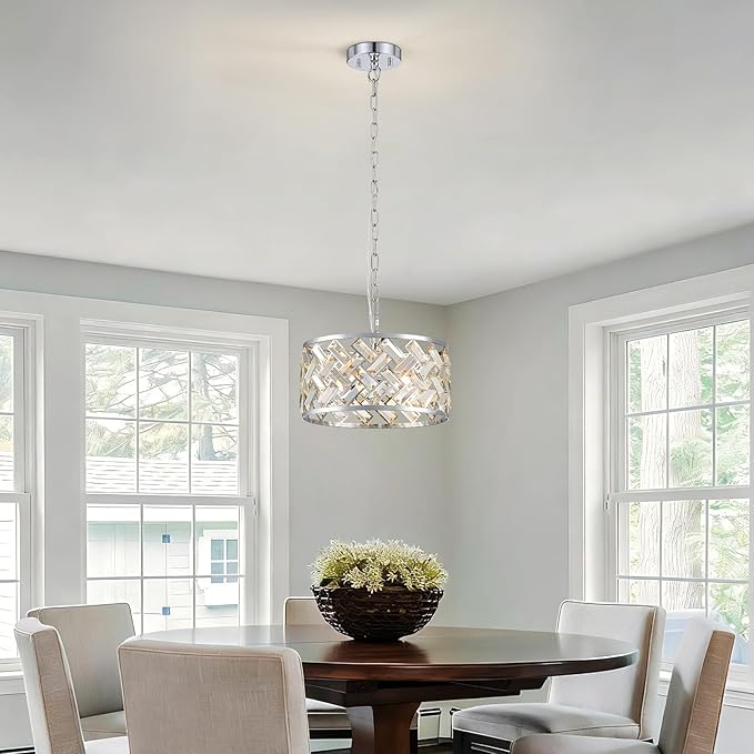 Chrome Crystal Chandelier, 3-Light Morden Dining Room Light Fixture,12.4" Small Round Semi Flush Mount Chandeliers for Kitchen Foryer Entryway Hallway Living Room Bedroom (ETL Listed)
