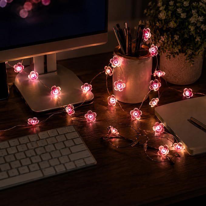 USB/Battery Operated 13ft Copper Wire 40LED Pink Cherry Blossom Fairy Light | Flower-Shaped Fairy Lights String – Indoor & Outdoor Hanging Decor for Valentine's Day, Mother's Day, Wedding Parties