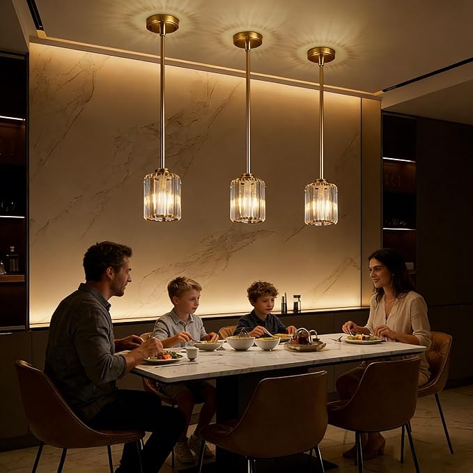 3 Pack Crystal Pendant Lights Kitchen Island, Adjustable Hight Modern Gold Mini Chandelier, Ceiling Hanging Light Fixtures, Lamparas Colgantes for Kitchen Hallway Dining Room Bedroom