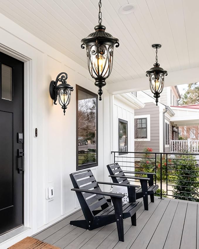 VIANIS Large Outdoor Pendant Light, Vintage Outdoor Chandelier, Farmhouse Waterproof Hanging Lights with Seed Glass, Ceiling Lights for Porch, House, Garden, Doorway, Anti-Rust