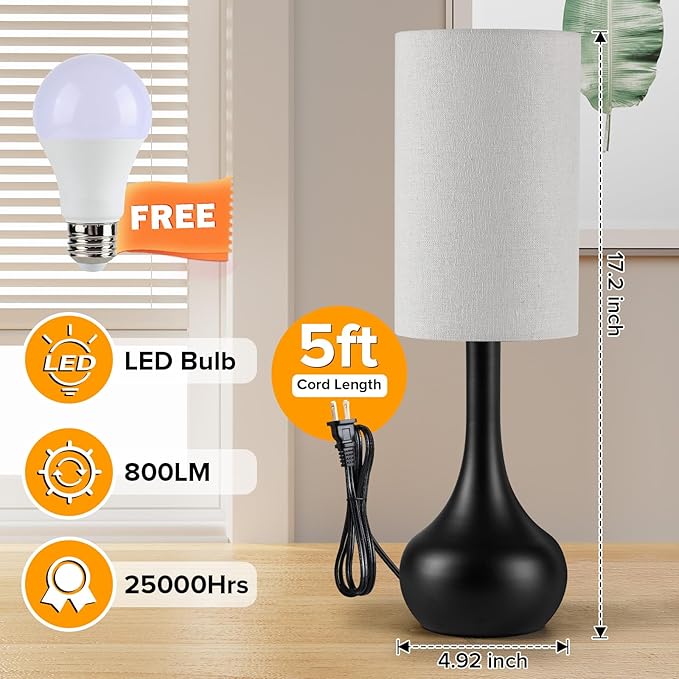 Touch Bedside Lamp for Nightstand,3-Way Dimmable,Space Saving & No Assembly Required, Upgraded Small Droplet Vintage Black Table Lamp for Bedroom, Living Room (2700K LED Bulb Included)