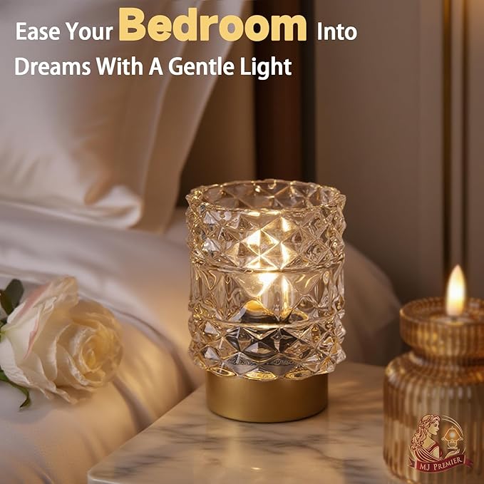 MJ PREMIER Battery Operated Lamp with Timer, Cordless Table Lamps for Shelf Decor, Rhombus Texture Aesthetic Crystal Lamp, Small Decorative Lamps for Bedroom/Bathroom/Kitchen/Entryway/Dorm (Clear)