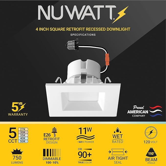 NUWATT 4 Pack, 4 Inch Retrofit LED Square Recessed Lighting, 5CCT 2700K/3000K/3500K/4000K/5000K Selectable, 750 Lumens 11W, Dimmable Ceiling Light, White Square Trim Can Light, Wet Rated, ETL Listed