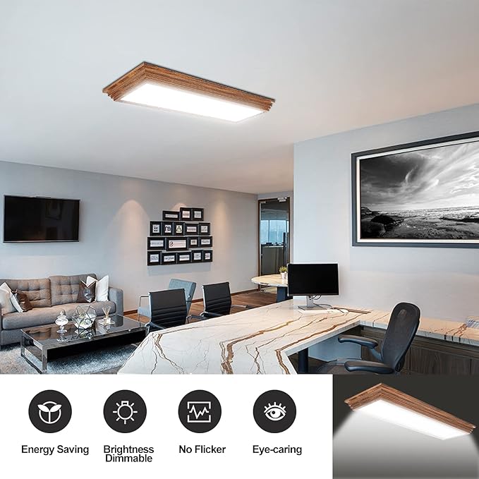 FAITHSAIL 2FT LED Light Fixture with 3000K/4000K/5000K CCT Selectable Dimmable 2 Foot LED Linear with Wooden Look 30W 3300LM Flush Mount Ceiling Wraparound for Kitchen, Bedroom, Laundry, 2 Pack