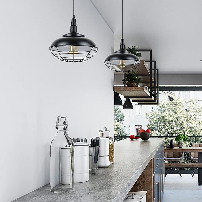 HMVPL Plug In Hanging Light Fixtures, Black Cage Plug In Pendant Light, Metal Outdoor Chandelier for Gazebo Porch, industrial Farmhouse Hanging Lamp for Kitchen Island Dining Room Bedroom Sink Hallway