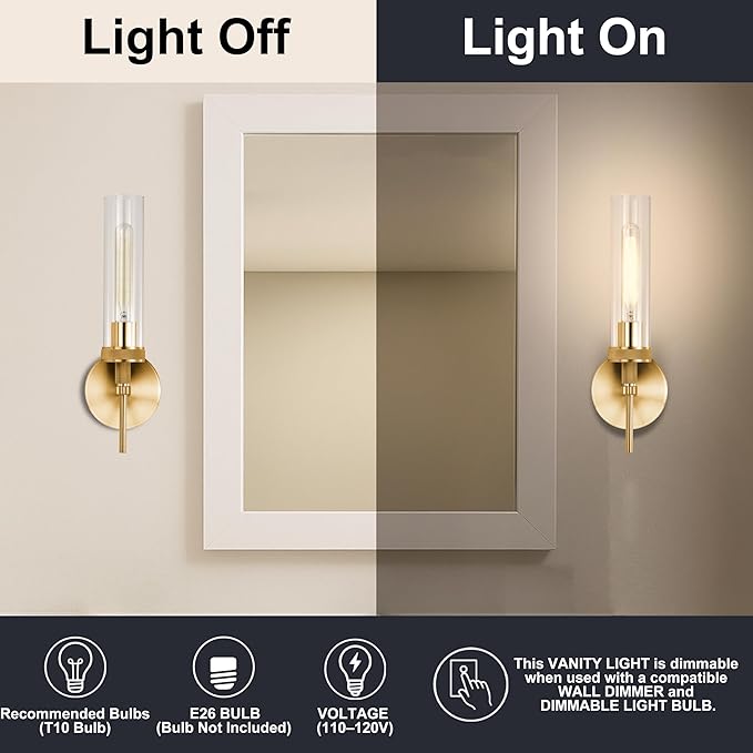 Gold Bathroom Light Fixtures Over Mirror, Hardwired Vanity Lights Set of 2 with Knurled Texture, Brushed Gold Wall Sconces with Clear Glass Shade, Modern Industrial Bathroom Lighting for Bedroom
