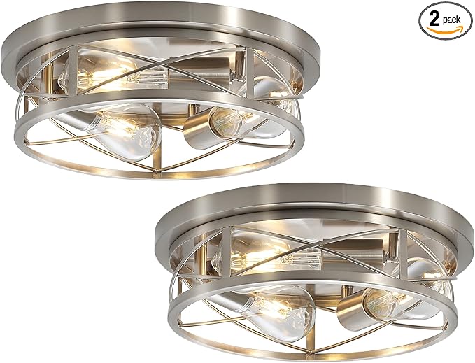 Brushed Nickel Farmhouse Ceiling Light Fixtures,3 Lights Flush Mount Ceiling Light,Bathroom Light Fixtures Ceiling Mount for Hallway Bedroom Kitchen 2 Pack