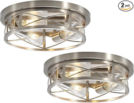 Brushed Nickel Farmhouse Ceiling Light Fixtures,3 Lights Flush Mount Ceiling Light,Bathroom Light Fixtures Ceiling Mount for Hallway Bedroom Kitchen 2 Pack