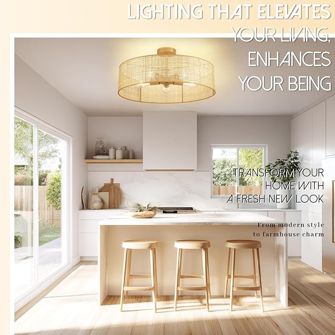 Hamilyeah 24 inch Semi Flush Mount Ceiling Light Fixture with Woven Wicker Shade, Natural Boho Rattan Light Fixture Ceiling Mount for Bedroom, Living Room, Dining Room, Kitchen and Hallway