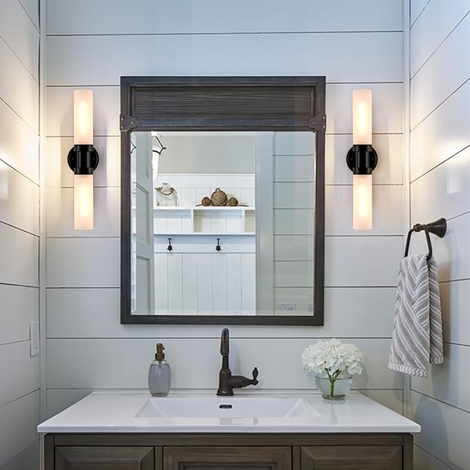 Modern 2-Light Black Wall Sconce, Cylinder Frosted Glass Bathroom Wall Light Fixtures 20-Inch Black Glass Sconces Wall Lighting for Bedroom Living Room Hallway