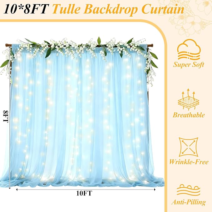 Ledido 4 Pack 10×8ft Blue Tulle Backdrop Curtains with Lights String - 1200LED Fairy Lights Sheer Curtain Backdrop for Wedding Baby Shower Photo Shoot Birthday Party Decoration(8 Panels 5×8ft)，Blue
